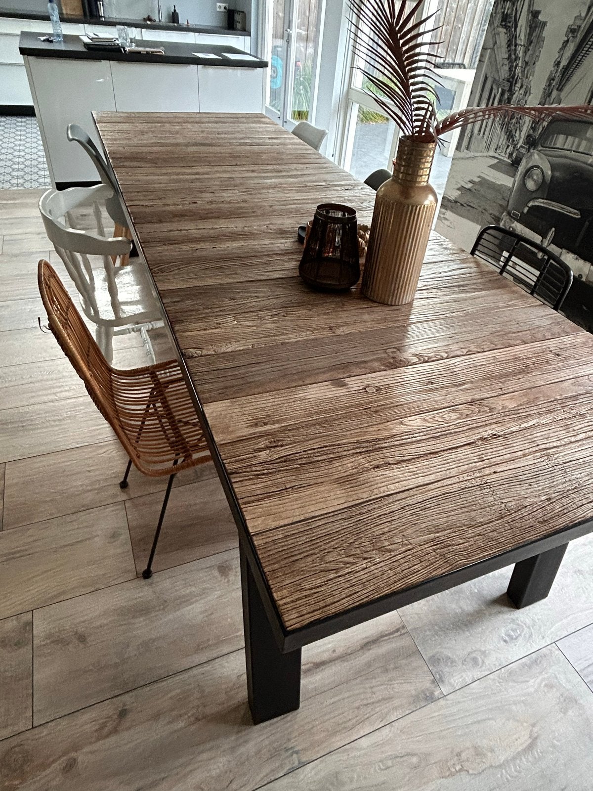 Complete eettafelset: houten eettafel (3m)+stoelen+ 4 lampen, Ophalen, Industrieel warm, 100 tot 150 cm, 200 cm of meer