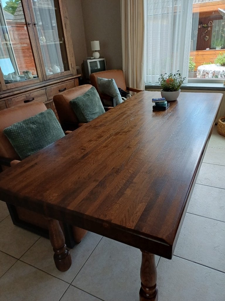 Massief eiken eettafel en salontafel, Ophalen, Gebruikt, Eikenhout, 200 cm of meer