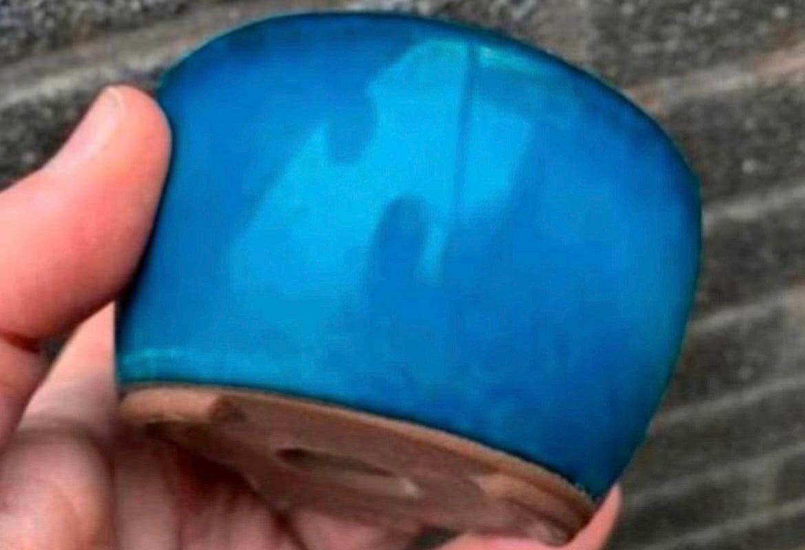 Bonsai pot rknd blauw geglazuurd Japans aardewerk 9,5x5,3, Rond, Ophalen of Verzenden, Zo goed als nieuw, Aardewerk