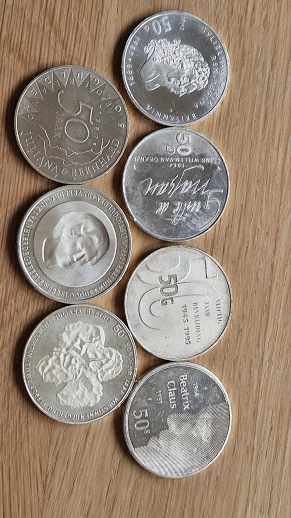 7 x zilveren 50 gulden munt, Setje, Koningin Beatrix, Zilver, Ophalen of Verzenden