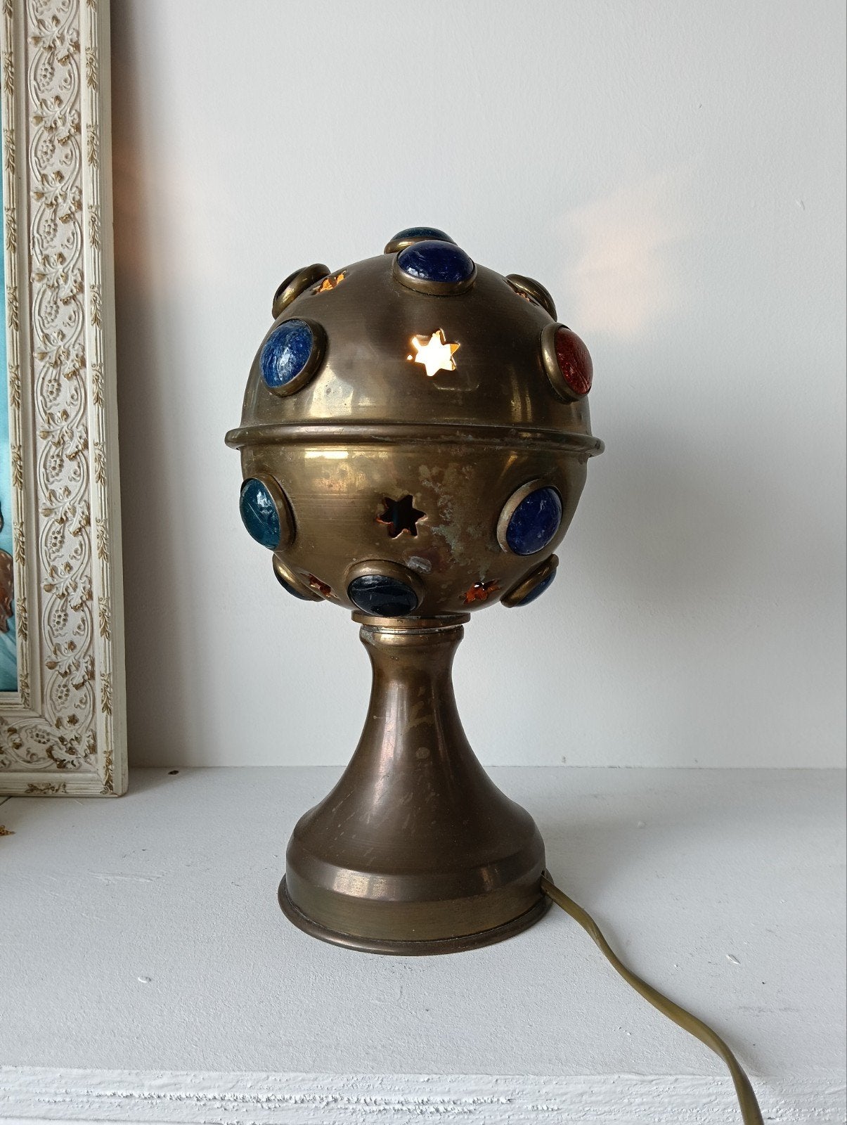 Vintage Messing Tafellamp met Gekleurde Glasstenen, Ophalen of Verzenden