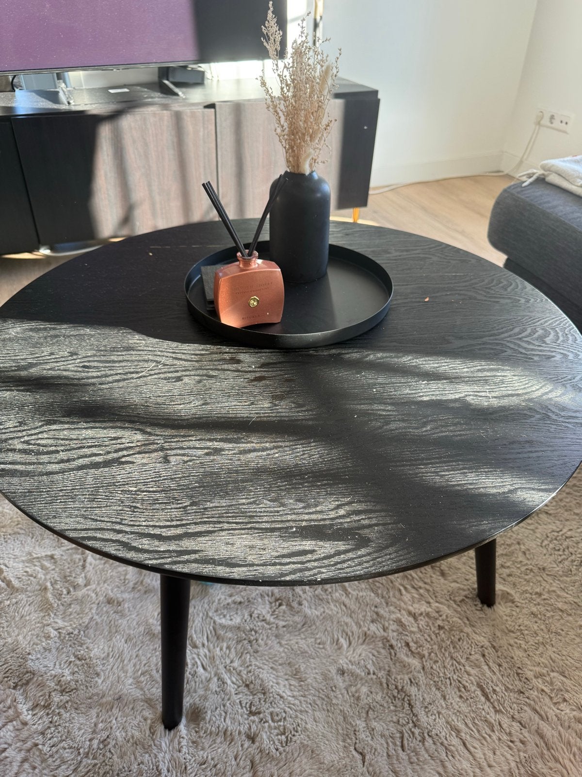 Zwarte ronde salontafel, Huis en Inrichting, Ophalen, Rond, 50 tot 100 cm, Zo goed als nieuw