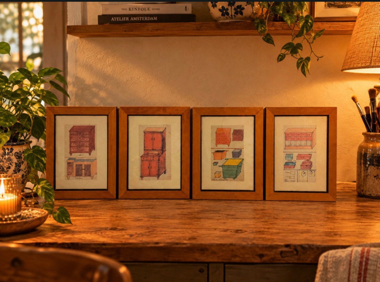 Set van 4 vintage Amish prenten – Henry Lapp meubelontwerpen, Ophalen of Verzenden, Zo goed als nieuw