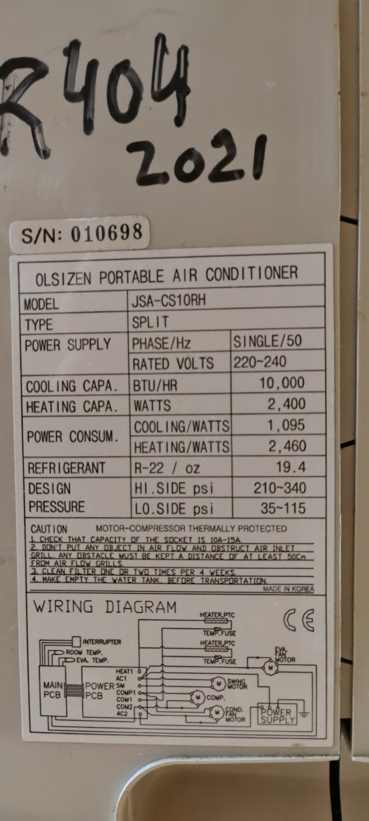 Olsizen Mobiele Airco JSA-CS10RH, Witgoed en Apparatuur, Ophalen, Gebruikt, Minder dan 60 m³, 3 snelheden of meer