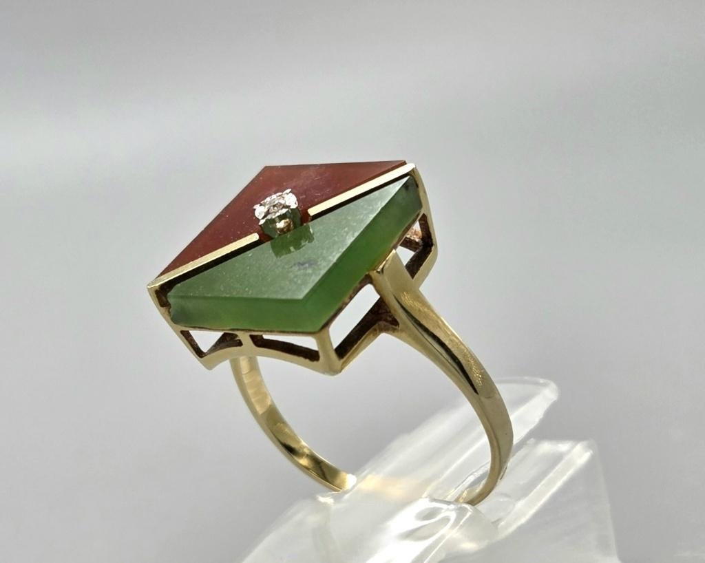 Gouden Vintage ring carneool aventurijn diamant. 2026/193., Ophalen of Verzenden, Goud, Ring, Met edelsteen