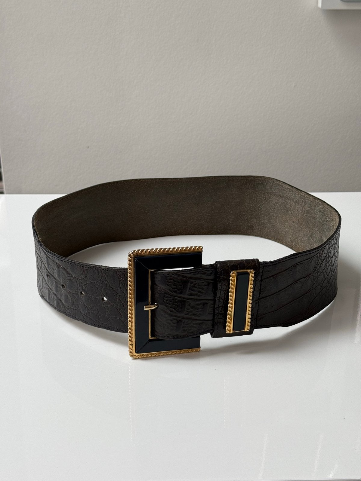 Vintage 80s marineblauwe en gouden leren riem, Overige kleuren, Echt leder, 90 tot 100 cm, Ophalen of Verzenden