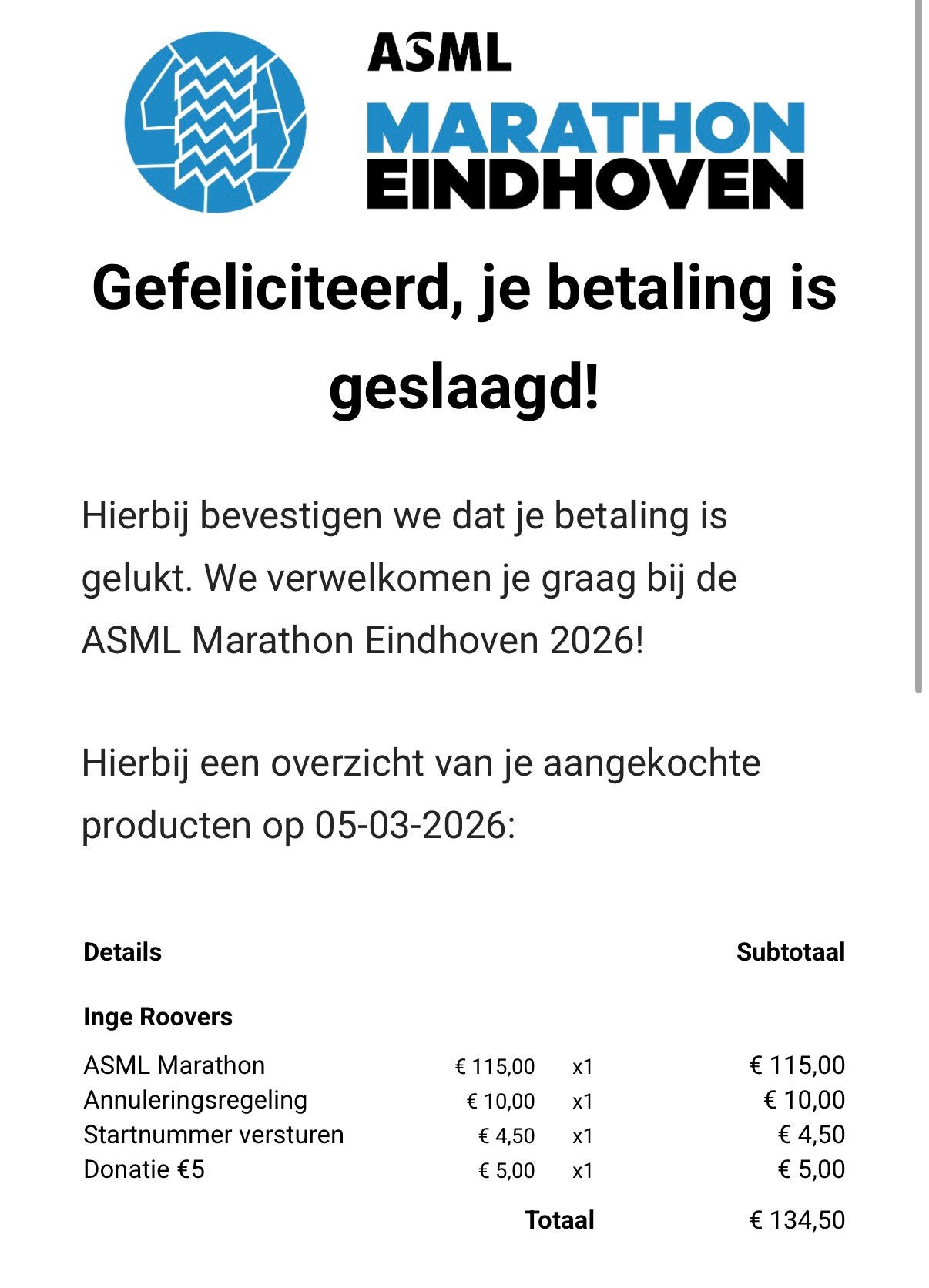 Startbewijs Marathon Eindhoven 2026, Ophalen of Verzenden, Nieuw, Overige typen, Overige merken