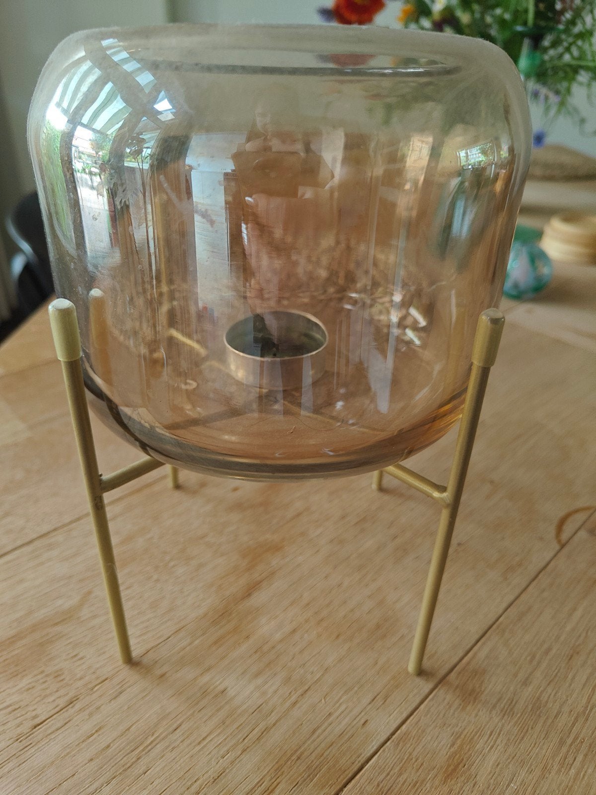 Glazen windlicht op gouden standaard, Windlicht, Gebruikt, Overige merken, Ophalen of Verzenden