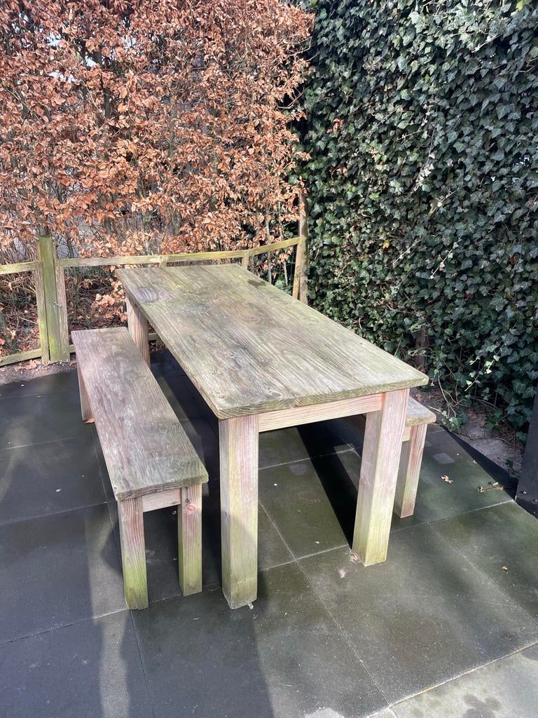 Douglas tuintafel met 2 bankjes, Tuin en Terras, Tuinsets en Loungesets, Ophalen, 4 zitplaatsen, Gebruikt, Hout