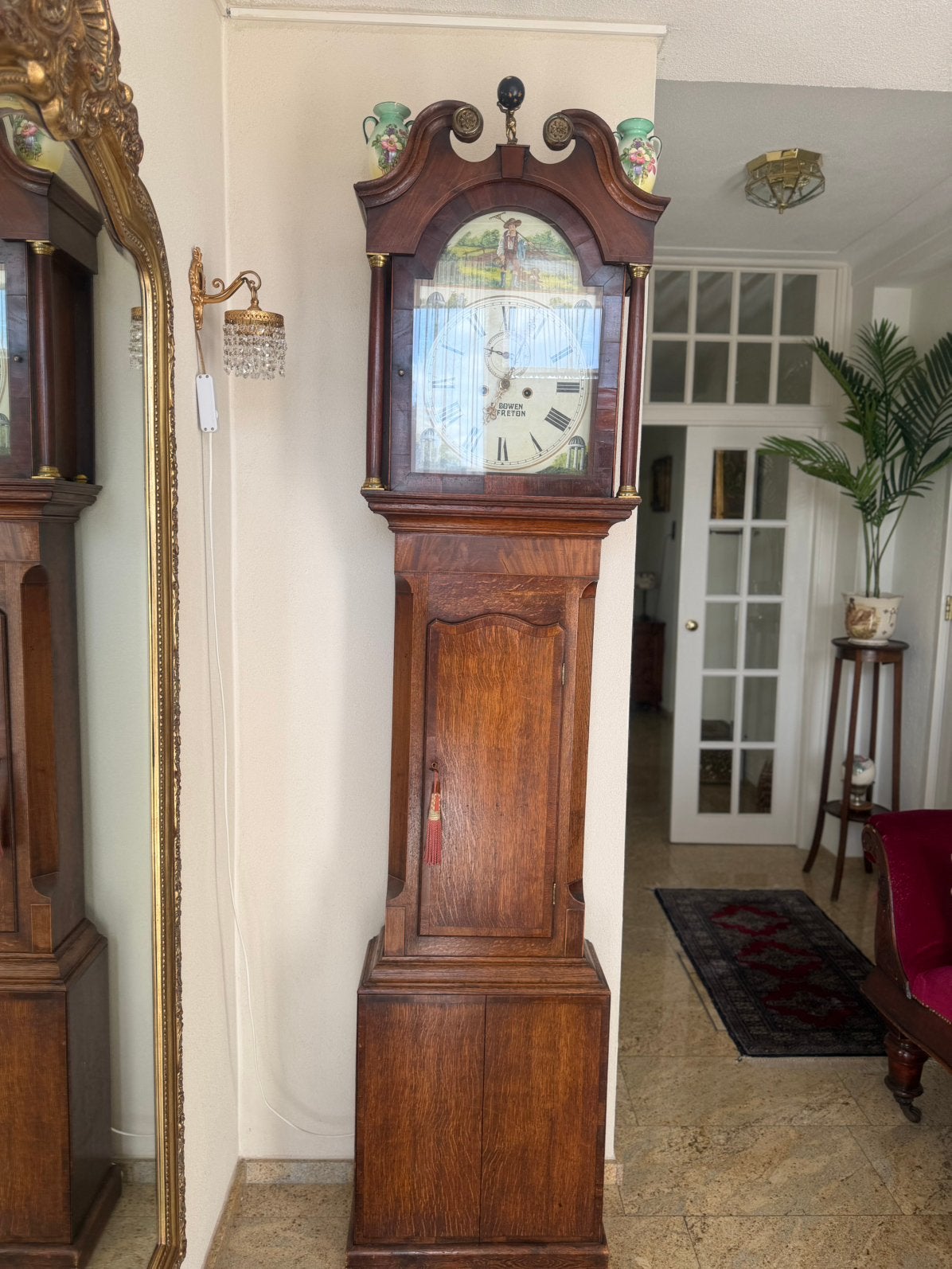 Staand Engels horloge eiken met mahonie, Antiek en Kunst, Ophalen