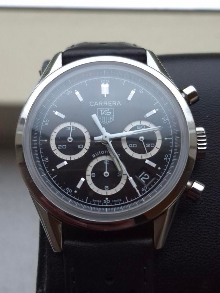 Tag Heuer Carrera Calibre 17 CV2113 Full Set, Leer, Staal, Polshorloge, Ophalen of Verzenden