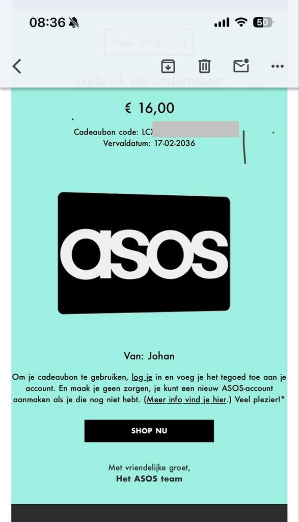 Cadeaukaart Asos (16 euro), geldig t/m 2036, Tickets en Kaartjes, Kortingen en Cadeaubonnen, Eén persoon, Cadeaubon