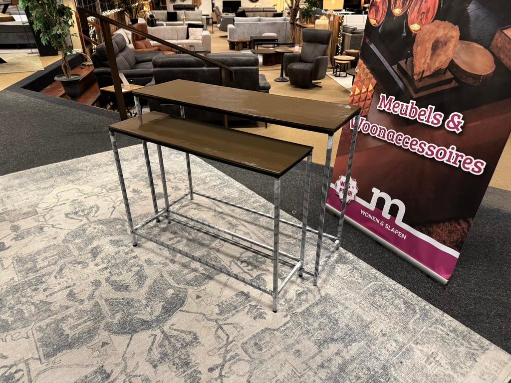 Sidetable metaal 2-delig €189,- Glans Bruin Direct leverbaar, Ophalen, 50 tot 100 cm, #Sidetable#2-Delig#Metaal#Bruin#Salontafels