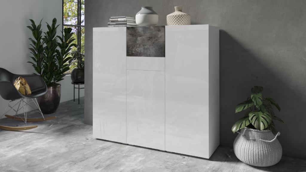 Dressoir - Hoogglans wit/Betonlook - Hoog - Modern - Design, Nieuw, Ophalen of Verzenden, Modern, 25 tot 50 cm