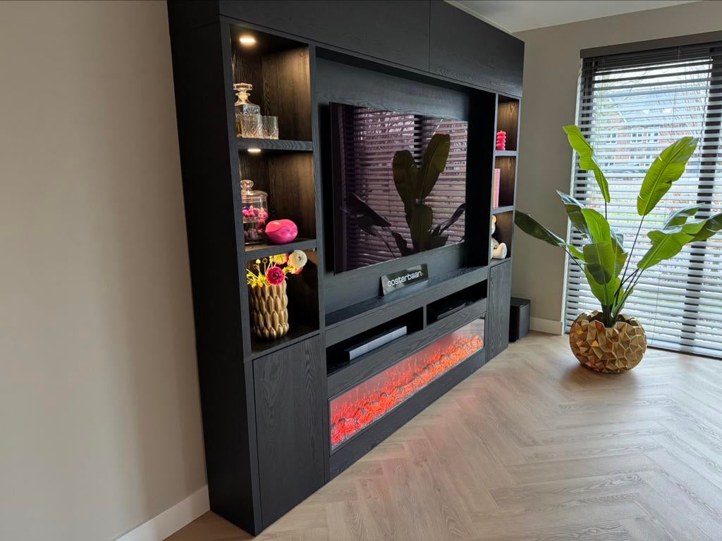 Luxe Black Oak Cinewall met haard & verlichting NIEUW Uniek, Huis en Inrichting, Overige materialen, Info@oosterbaanwonen.nl, Venus 31 8448CE Heerenveen
