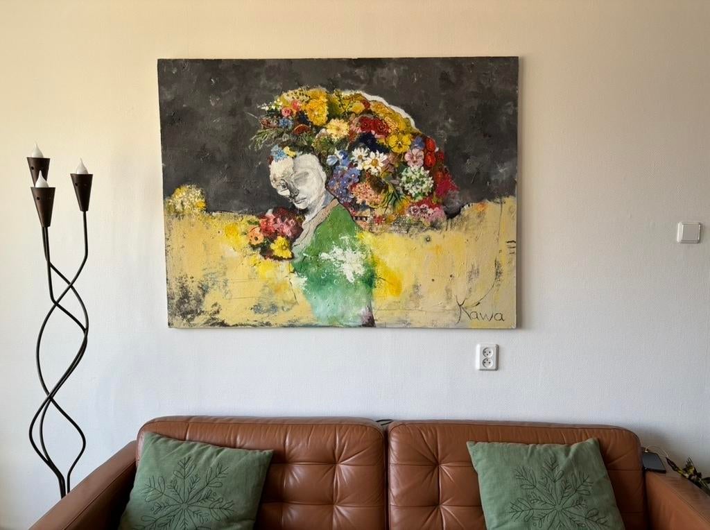 Schilderij - Vrouw met Bloemen 135x102 cm, Ophalen of Verzenden