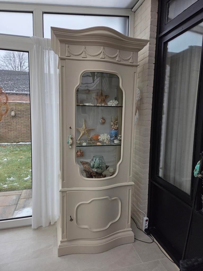 Unieke zandkleurige vitrinekast met gebogen glas, Ophalen, 200 cm of meer, Klassiek, 50 tot 100 cm