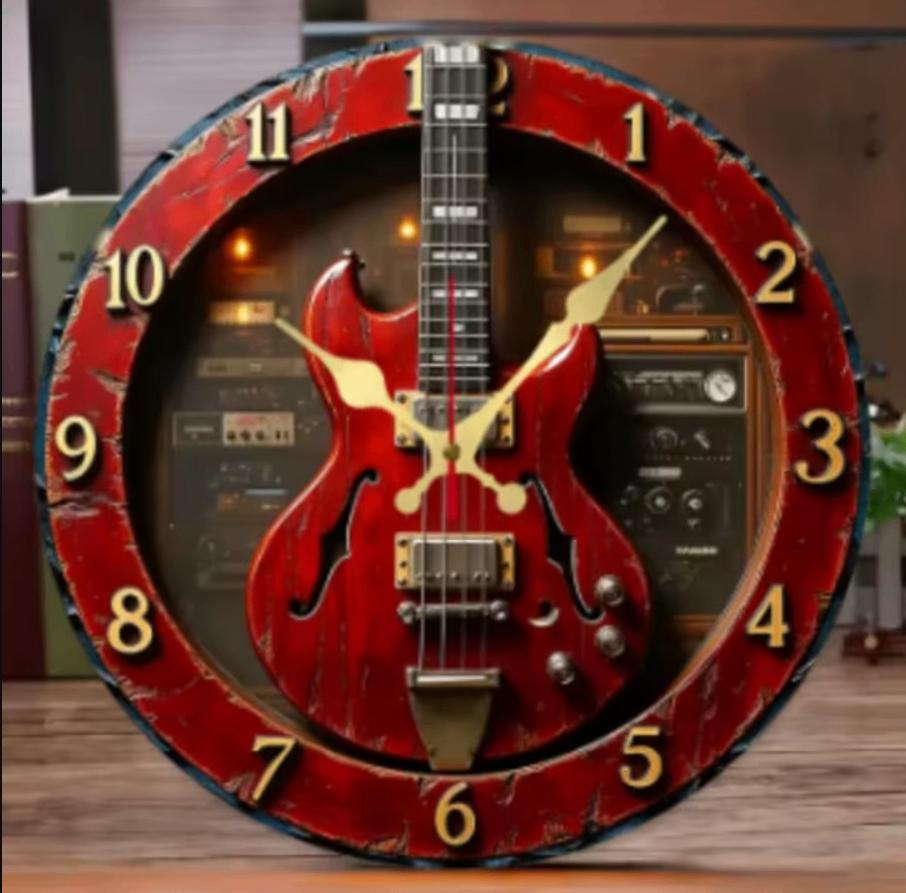 Ronde wandklok van hout analoge Elektrische gitaar (25cm)