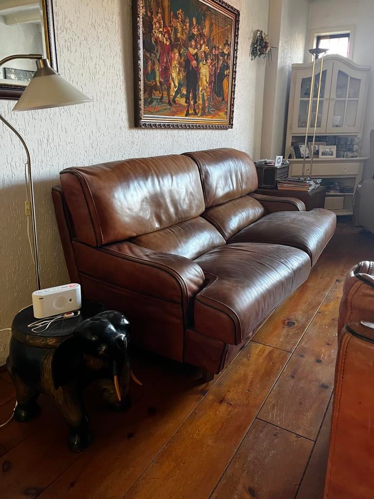 Rivolta Cognac Leren Bank en Fauteuil Set Vintage, Gebruikt, Ophalen of Verzenden, Leer, 75 tot 100 cm