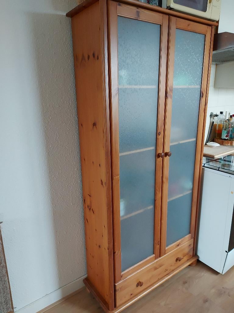 Grenen kast met 2 deuren met glas en lade en legplanken, Ophalen, Gebruikt, Met deur(en), Landelijk