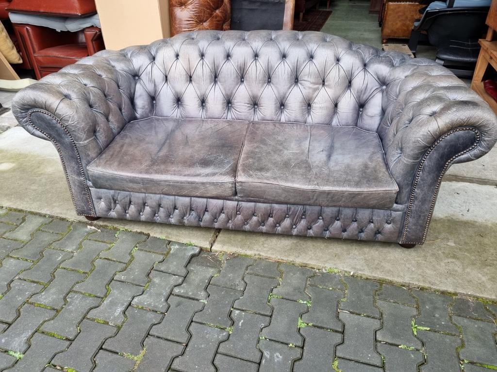 Chesterfield bank blauw grijs leer + BEZORGING GRATIS
