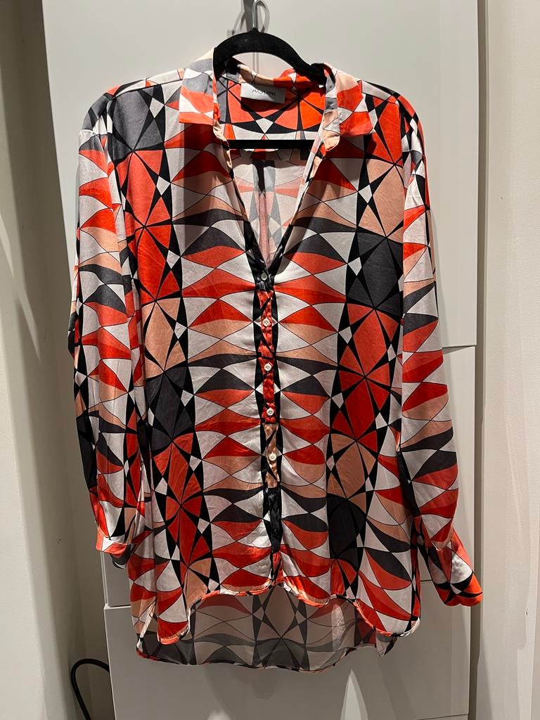 Aglini Zijden Blouse Oranje Zwart Wit Maat 44, Ophalen of Verzenden, Zo goed als nieuw, Maat 42/44 (L), Oranje