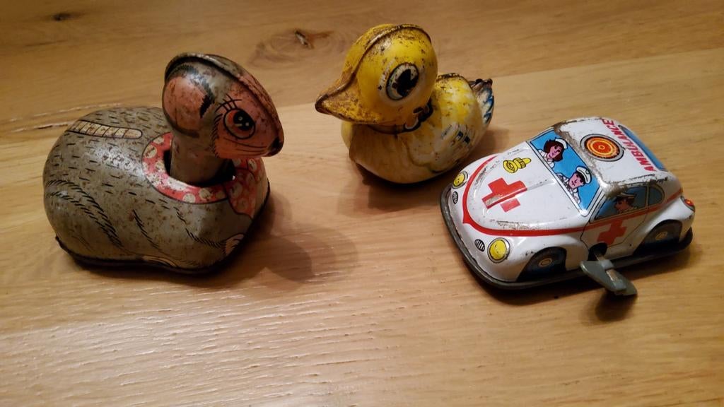 Oud retro blikken speelgoed wind-up eend muis auto., Antiek en Kunst, Antiek | Speelgoed, Ophalen of Verzenden