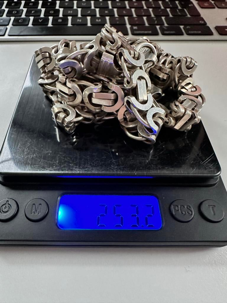 Zware zilveren platte XL koningsketting + armband - 253 gram, Sieraden, Tassen en Uiterlijk, Kettingen, Ophalen of Verzenden, Gebruikt