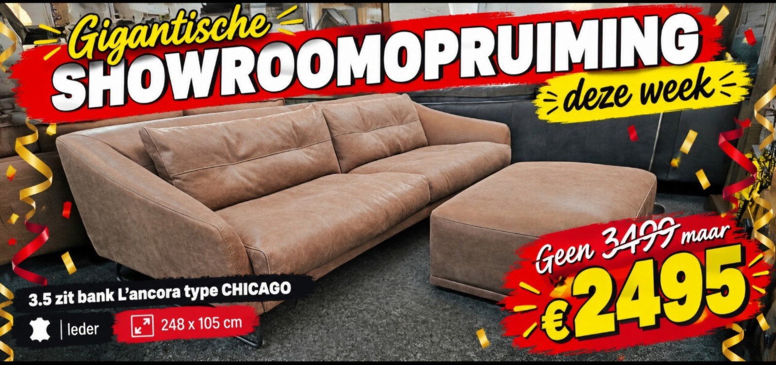 Bank 3.5 zit L' ancora type CHICAGO bruin leder Showmodel!, Ophalen, 100 tot 125 cm, Nieuw, Leer