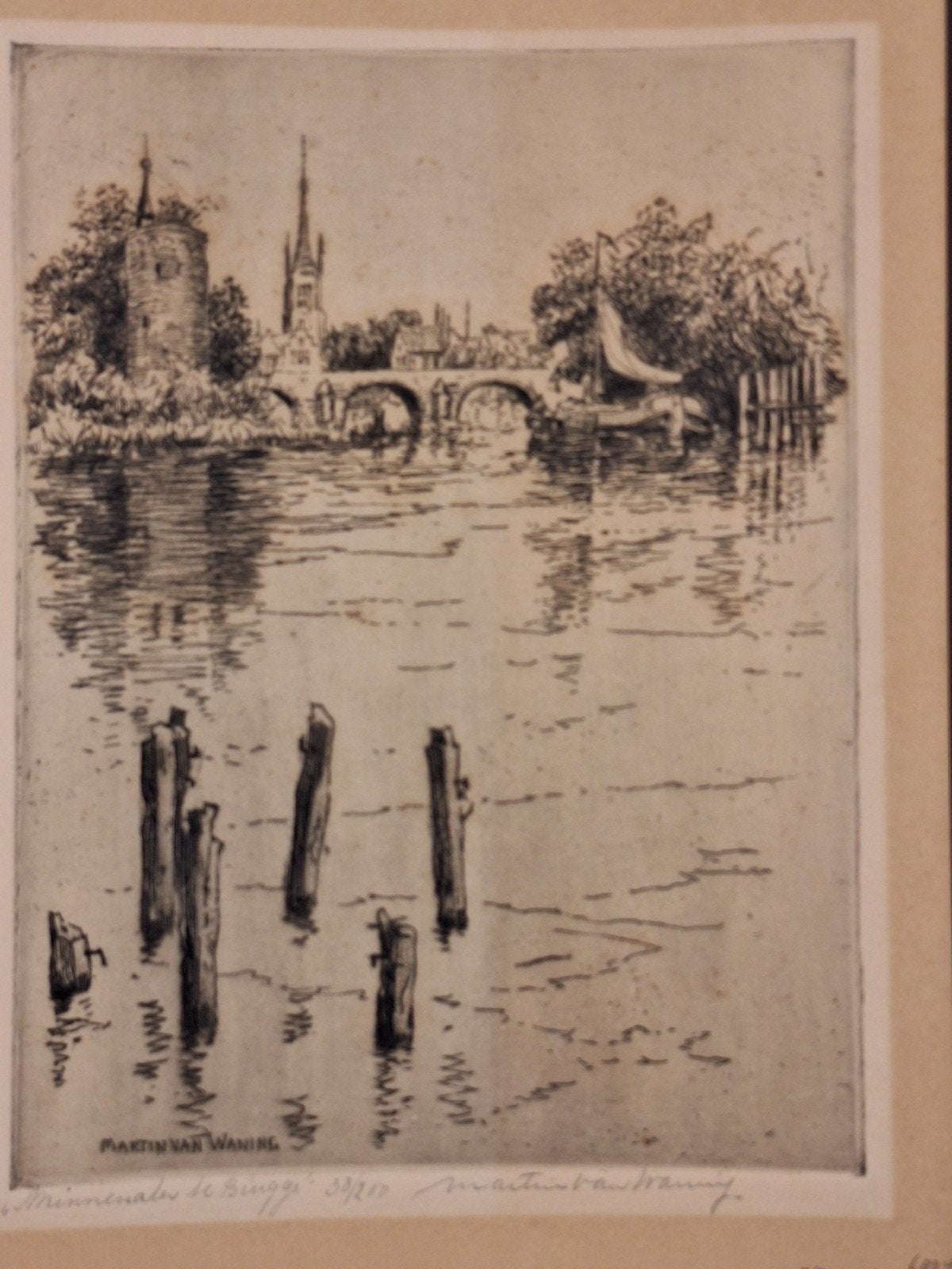 Ets Zeilboot door Martin van Waning, Ets, Ophalen of Verzenden, Gesigneerd, Landschap