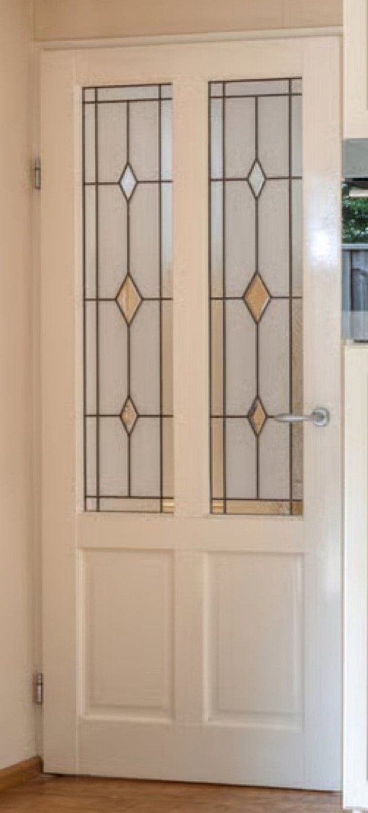 Links opdekdeur met glas in lood 93x211,5 cm, Ophalen, Glas, Binnendeur, 200 tot 215 cm