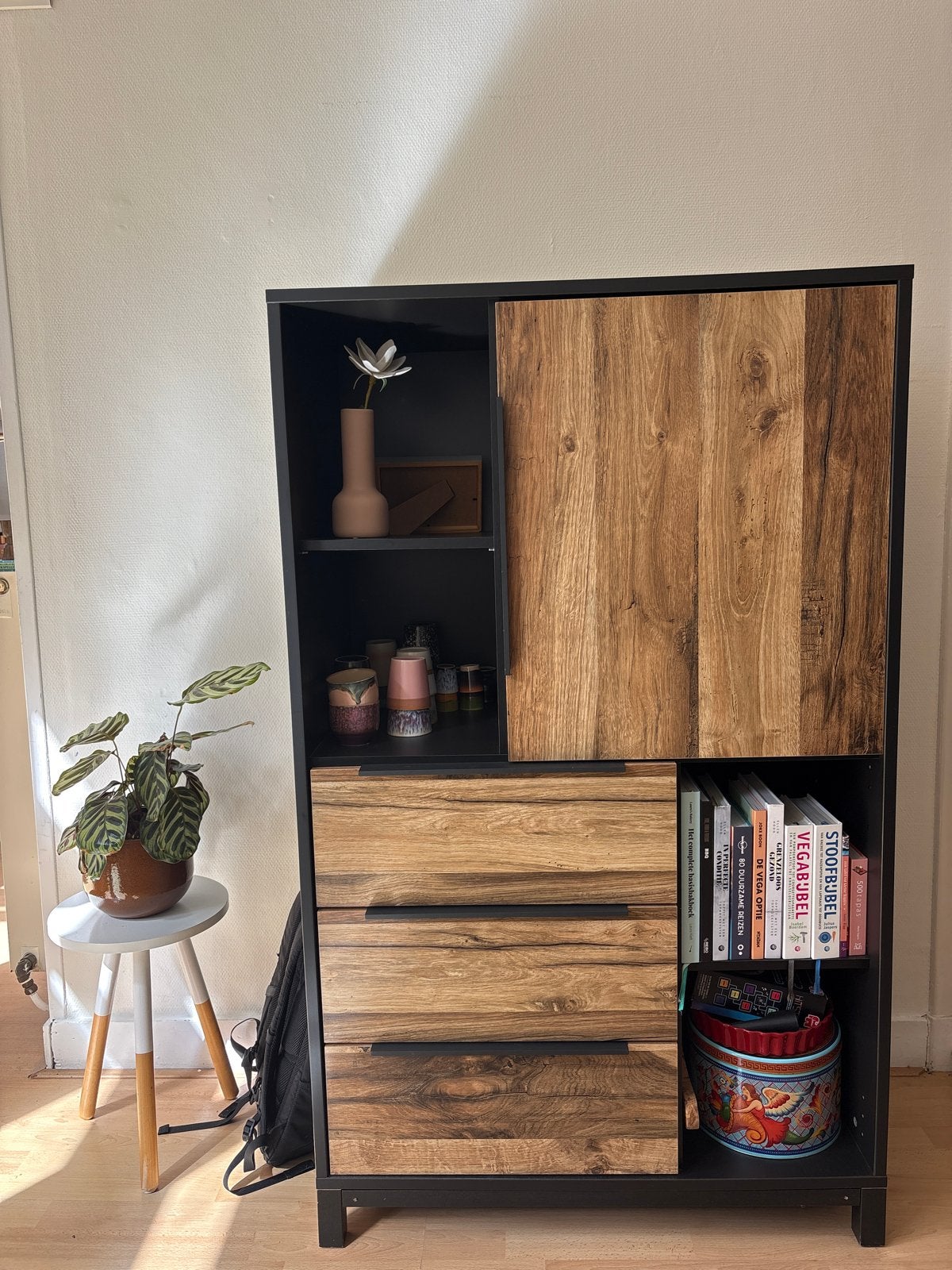 Kast met lades en schuifdeur - antraciet/eikenkleur hout, Ophalen, 50 tot 100 cm, Zo goed als nieuw, Met lade(s)
