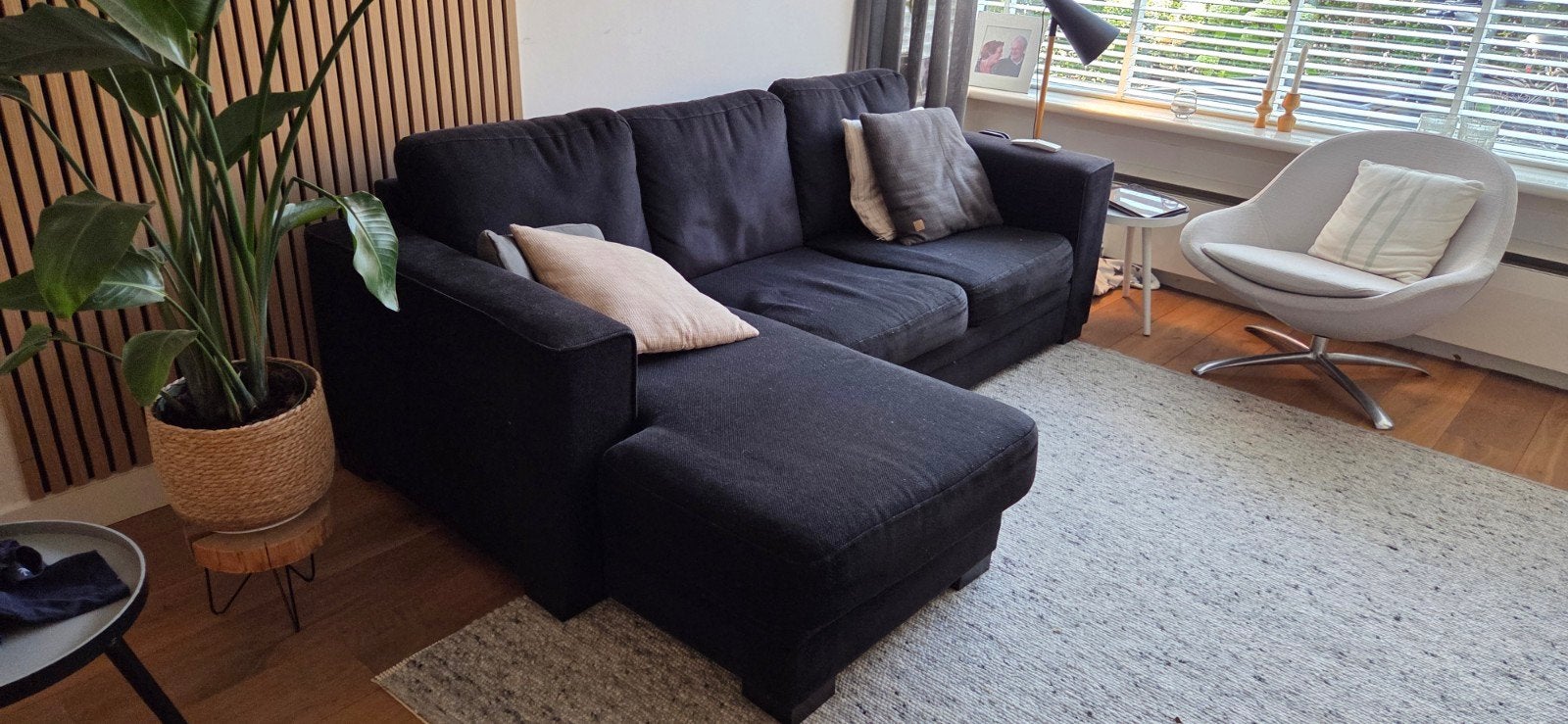 Comfortabele antraciet hoekbank met chaise longue, Ophalen, Gebruikt, 125 tot 150 cm, 150 tot 200 cm