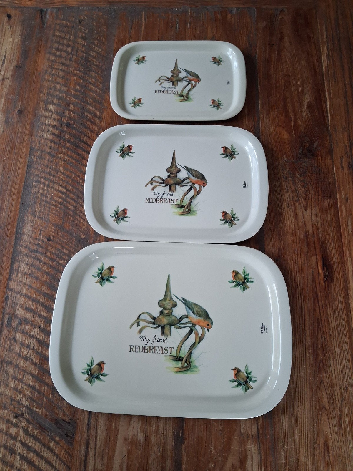 3 dienbladen "My friend Redbreast" van Jet ter Steege, Kunststof, Met afbeelding/tekst, Ophalen of Verzenden, Zo goed als nieuw