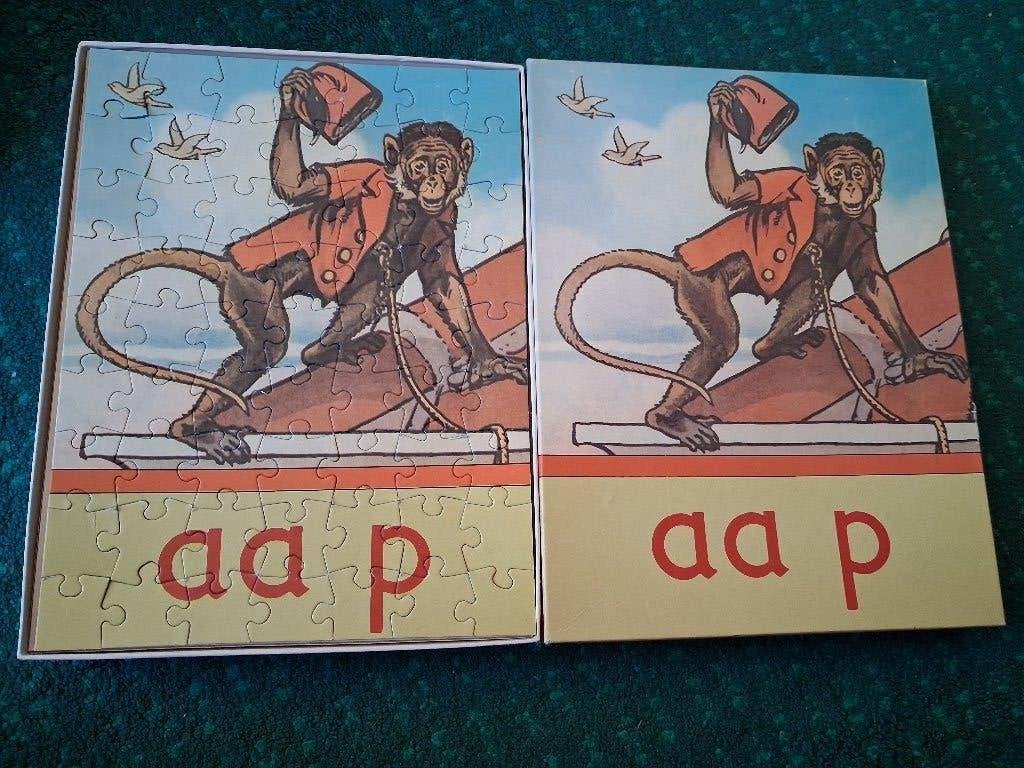 Leesplankpuzzel aap vintage  compleet, Ophalen of Verzenden, Zo goed als nieuw