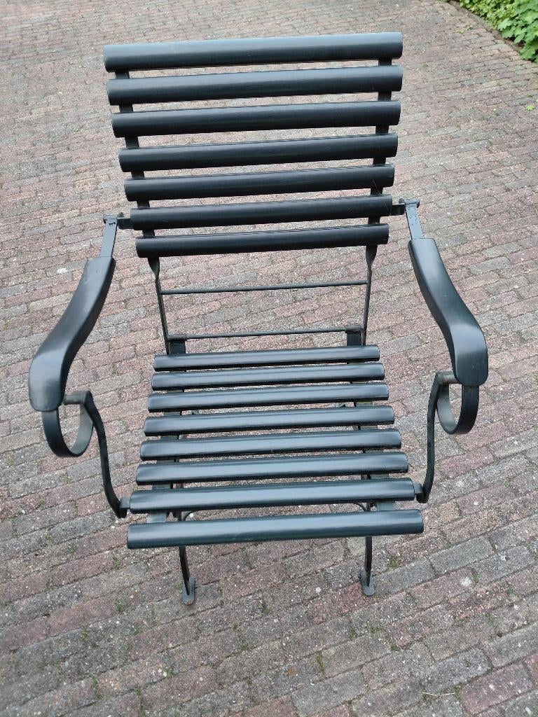 tuinset gietijzeronderstel/hardhout blad, Ophalen, 4 zitplaatsen, Gebruikt, Tuinset