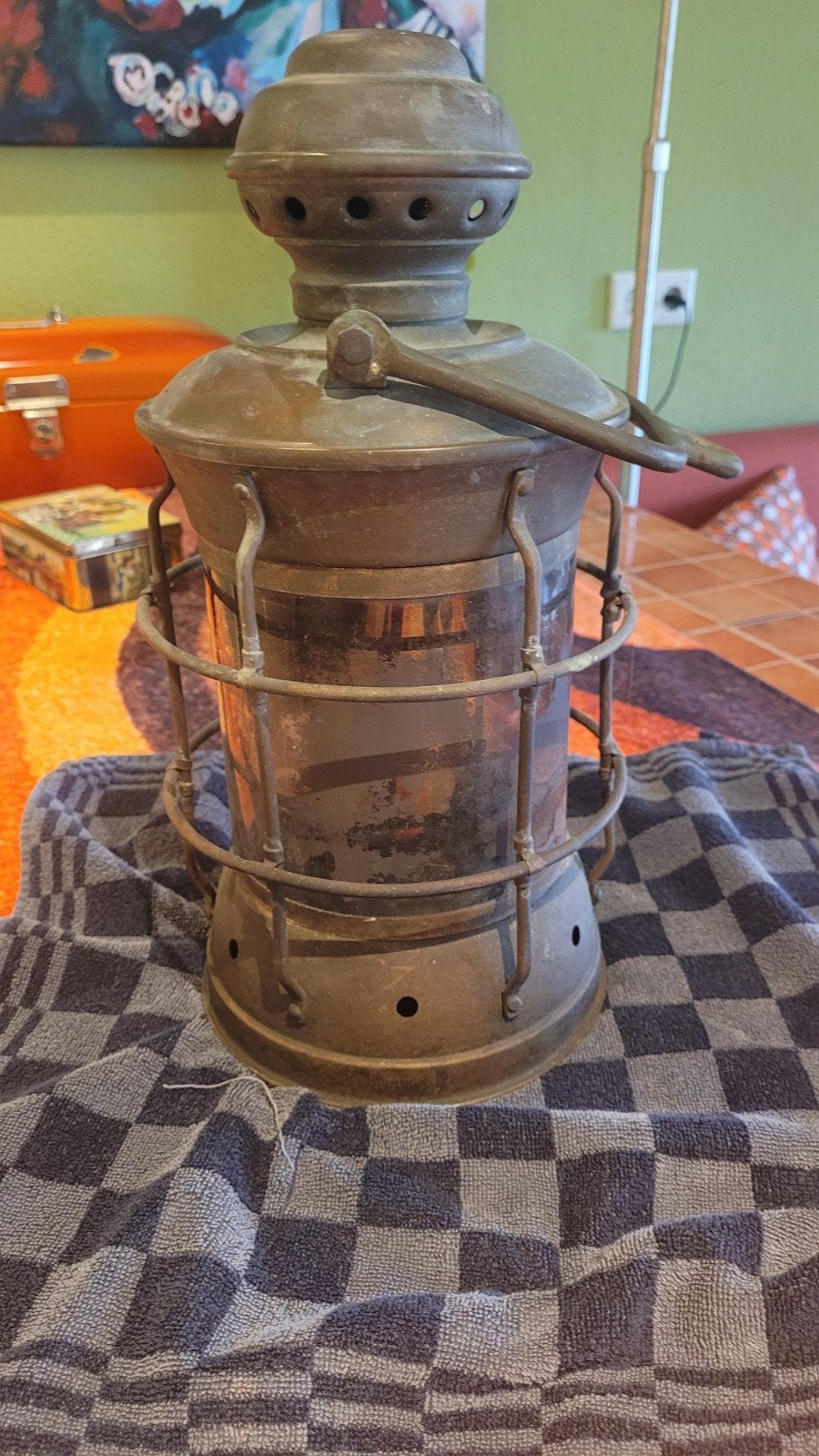 Antieke koperen scheepslamp - Anker, Antiek en Kunst, Ophalen