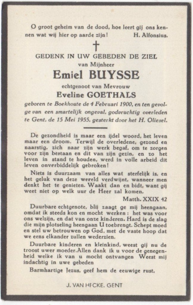 Emiel Buysse 1900 Boekhoute + 1955 Gent (B), 55 jaar oud, Ophalen of Verzenden