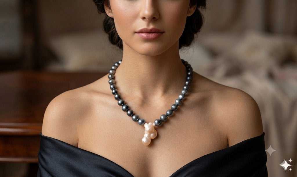 Ketting Authentieke Tahitiaanse Pauw Barokke Grote Parels, Zwart, Nieuw, Ophalen of Verzenden, Steen of Mineraal