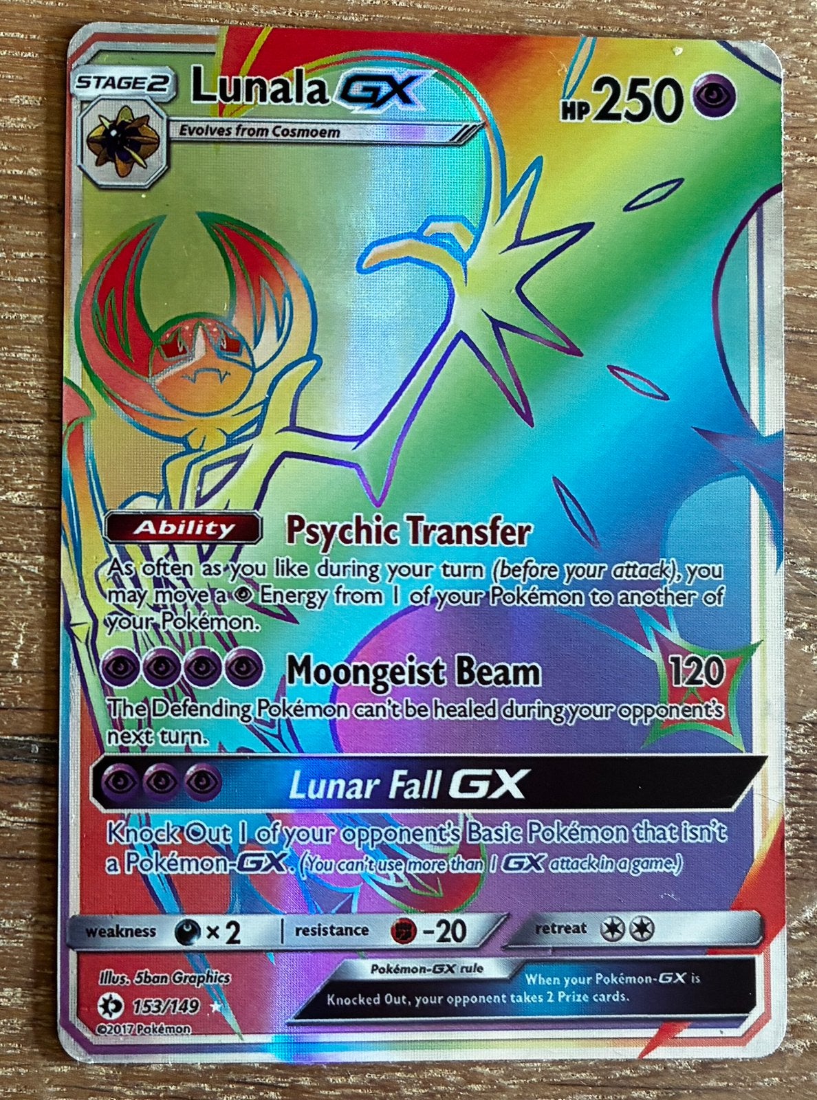 Pokémon Kaart Lunala GX Rainbow Rare 153/149 Sun & Moon, Ophalen of Verzenden, Zo goed als nieuw, Losse kaart, Foil
