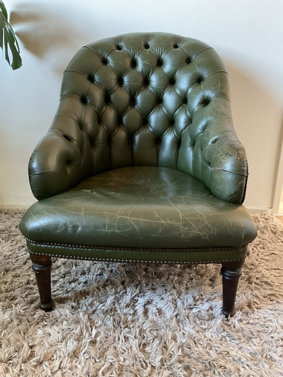 Vintage Chesterfield fauteuil in groen leer, Antiek en Kunst, Ophalen