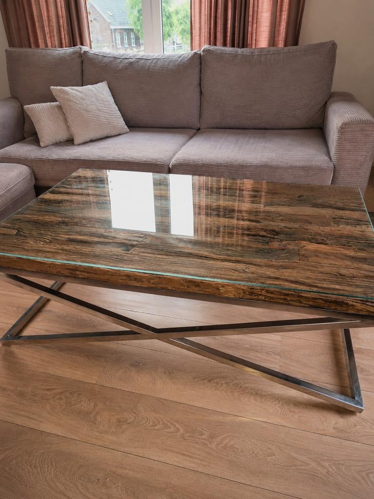 Eric Kuster stijl salontafel met glasplaat, Huis en Inrichting, Tafels | Salontafels, Glas, 100 tot 150 cm, Zo goed als nieuw