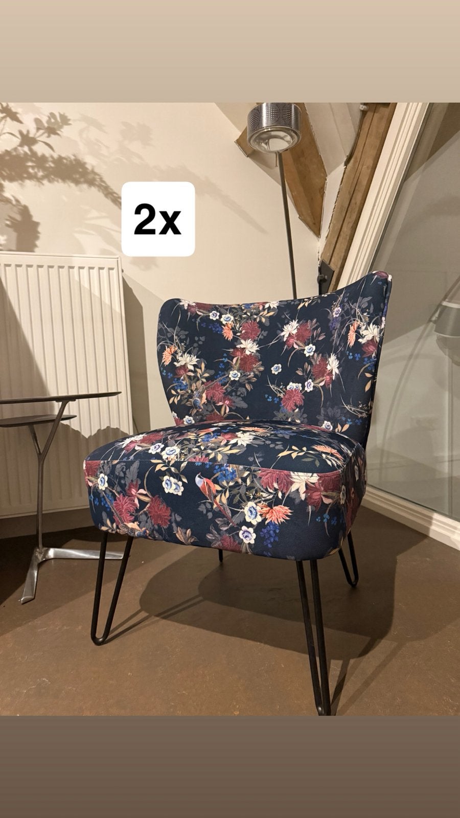 Sierlijke fauteuil met bloemenprint en vogeltjes, Ophalen, Gebruikt, Minder dan 75 cm, Metaal