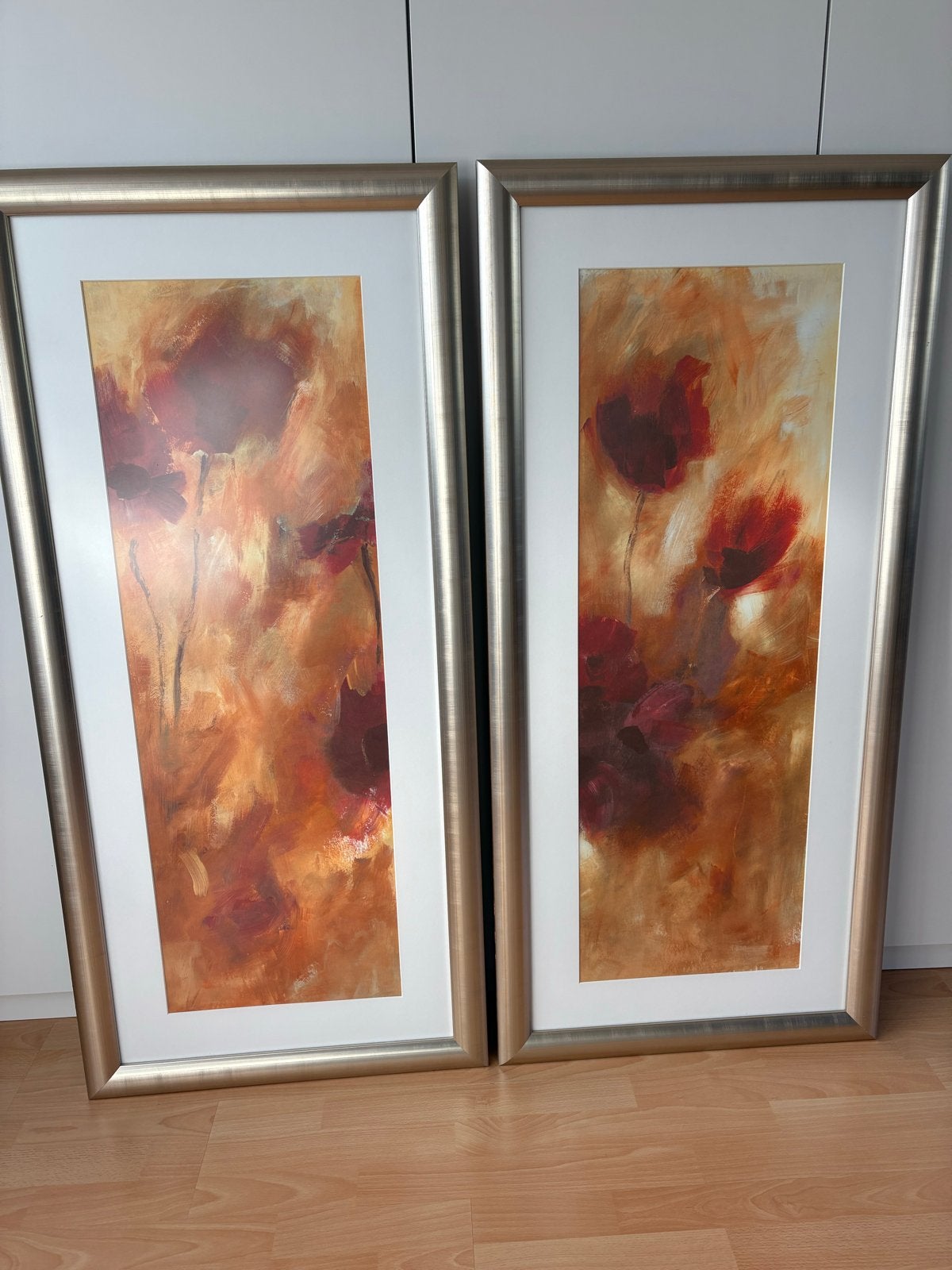 Set van 2 schilderijen met bloemen, 123x57 cm, ingelijst, Ophalen, Achter glas, Bloemen