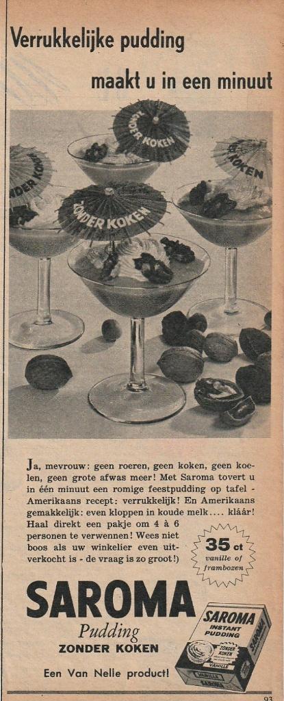 Retro reclame 1956 Saroma zuivel pudding ja mevrouw, Verzenden, Overige typen