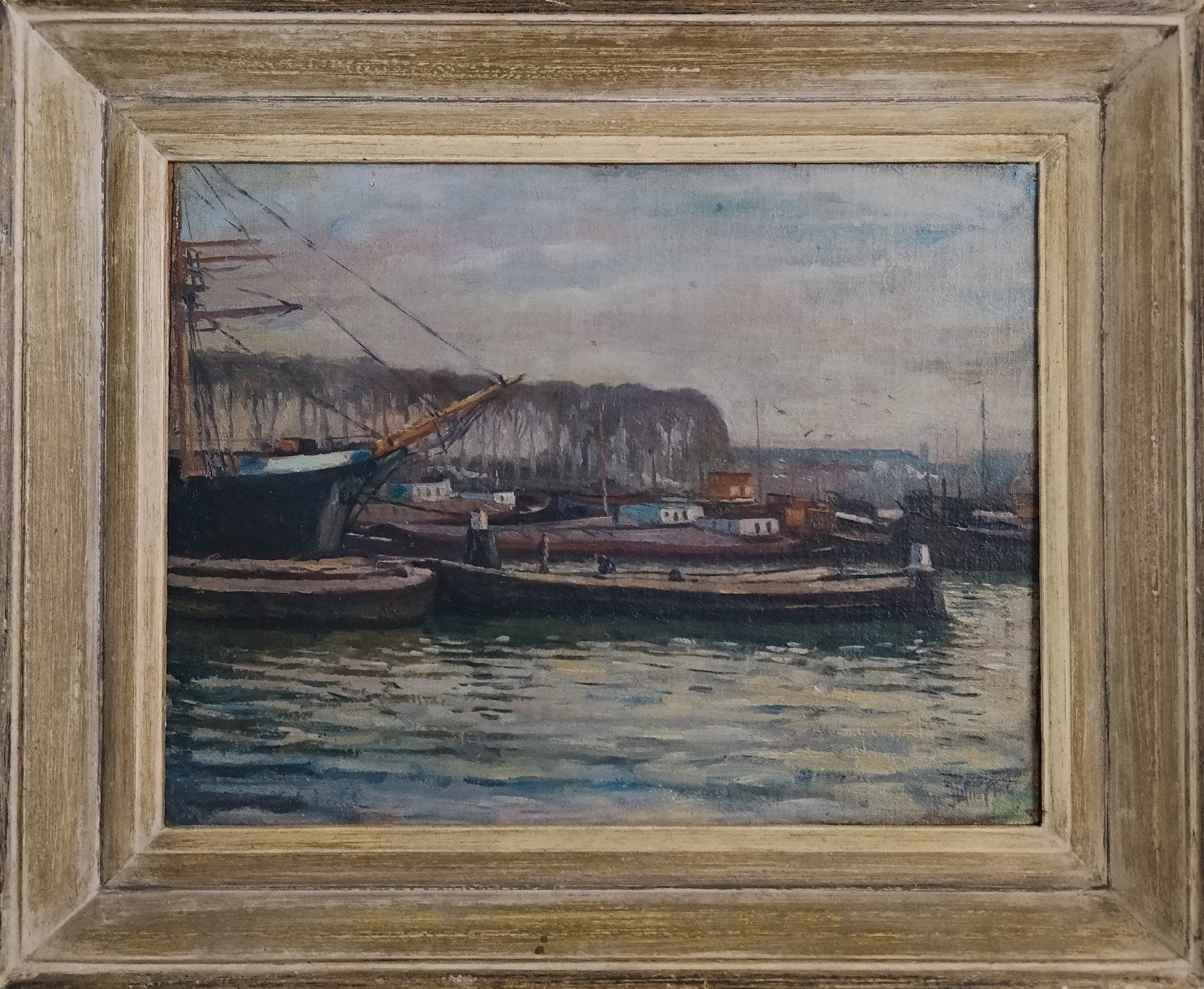 J.W Heijting 1915 Amsterdam Oosterdok schepen oud schilderij, Antiek en Kunst, Realistisch, Gedateerd, Ophalen of Verzenden, Olieverf