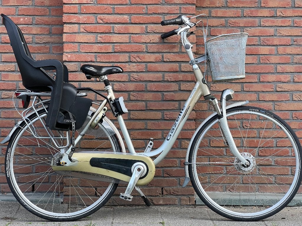 Gazelle fiets met kinderzitje en mandje, Buggydrager, 53 tot 56 cm, Ophalen of Verzenden, Zo goed als nieuw