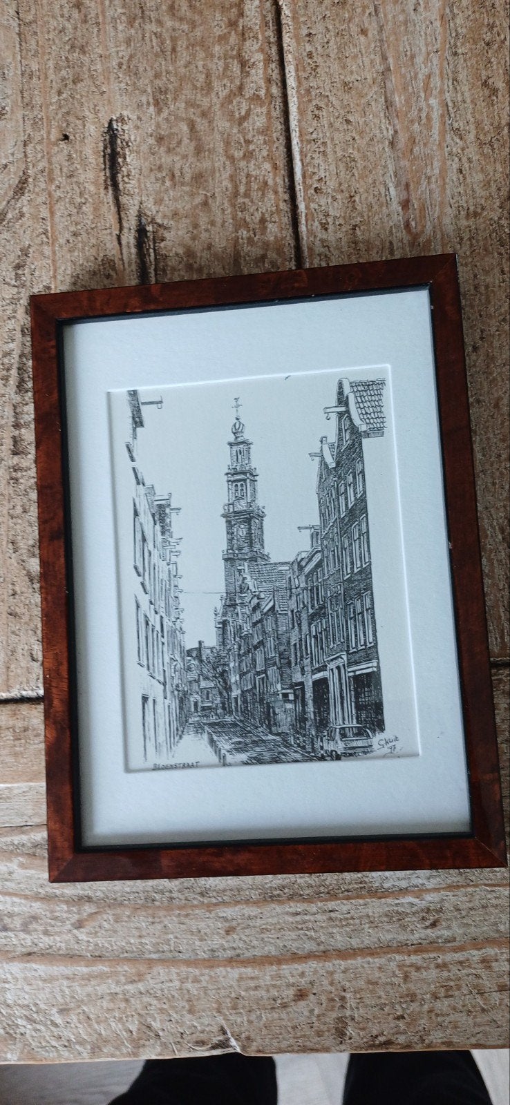 Ingelijste pentekening Bloemstraat Amsterdam, Ophalen of Verzenden, Tekening, Pentekening, Gesigneerd