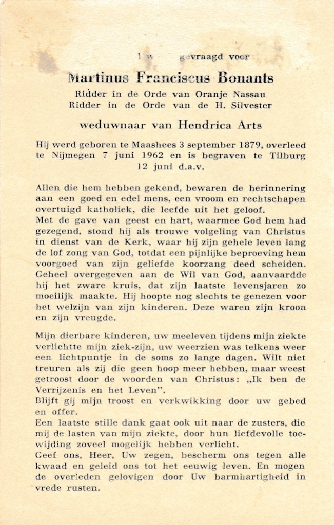 Bonants Martinus 1879 Maashees 1962 Nijmegen, Ophalen of Verzenden, Bidprentje