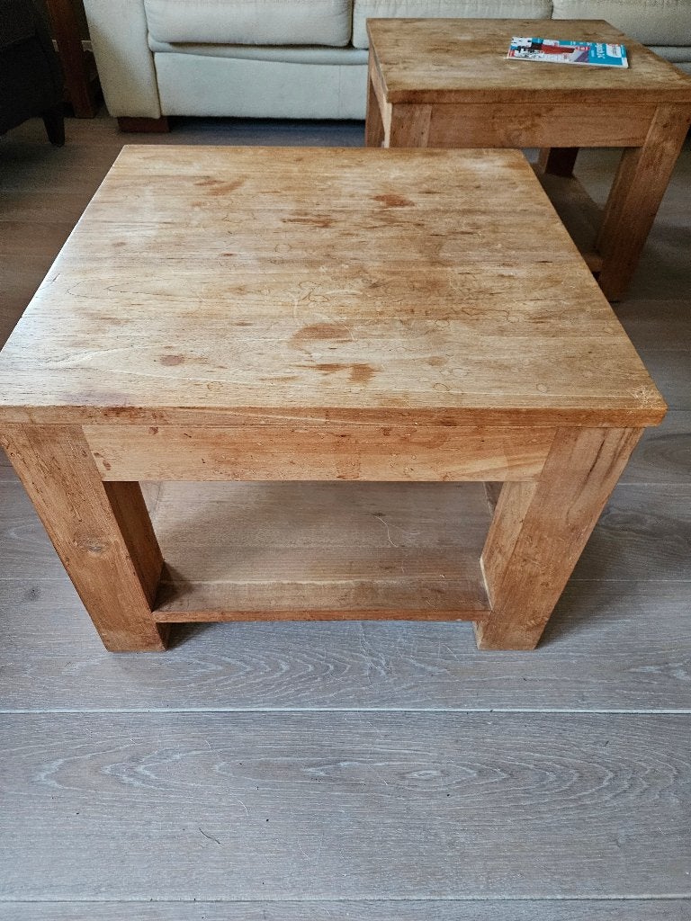 3 Bijzettafeltjes van teak, Minder dan 55 cm, Gebruikt, Vierkant, Hout